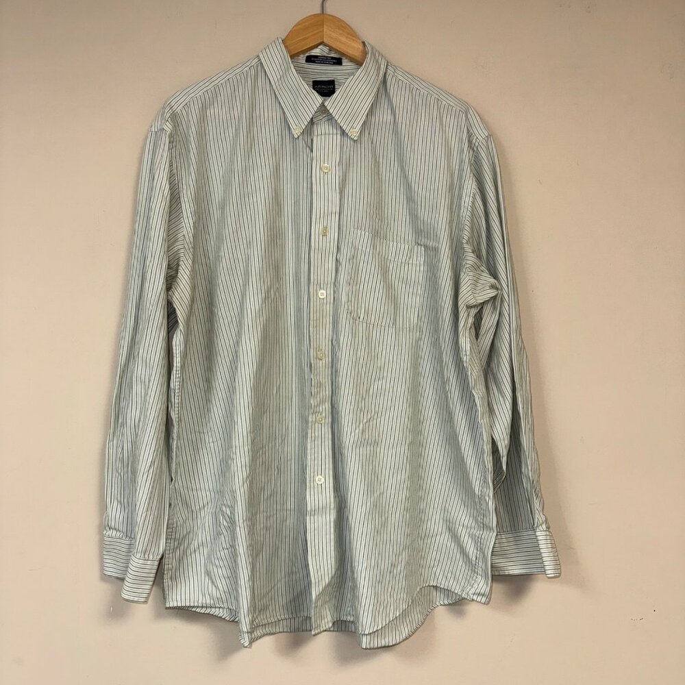 Arrow Men's Wrinkle-Free Dress Shirt XL 17 - 17 1/2 Green & White Striped Cotton